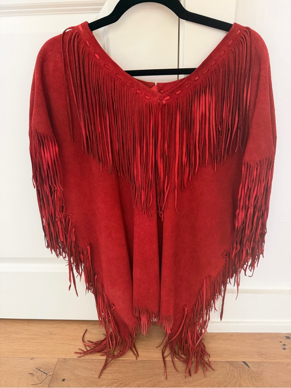 Vintage Red Fringed Suede Poncho